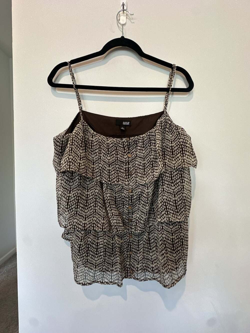a.n.a A New Approach Brown and Beige Patterned Layered Ruffle Spaghetti Strap To